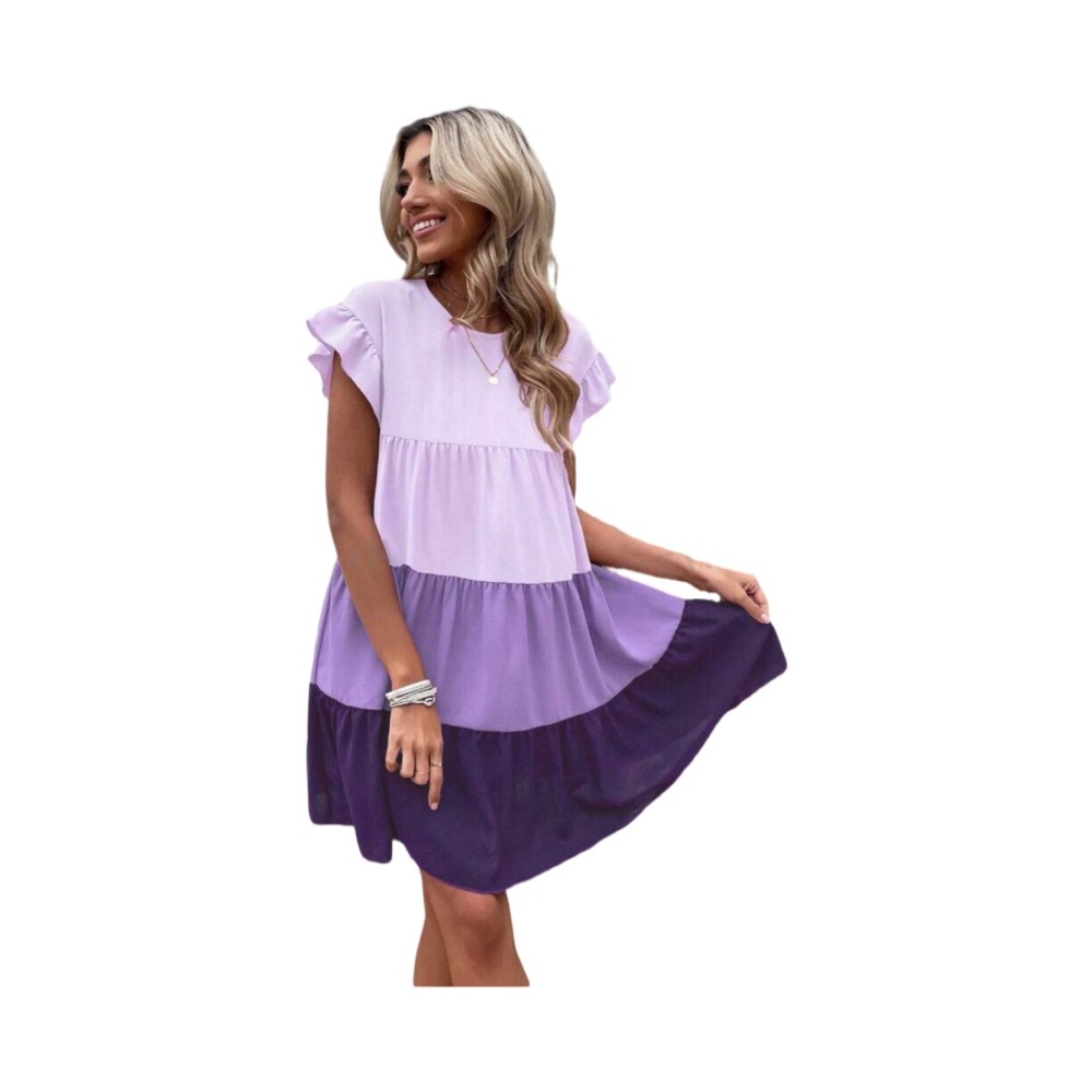 WOMENS - Brand New -  Color-block Flounce Sleeve Ruffle Hem Smock Dress.